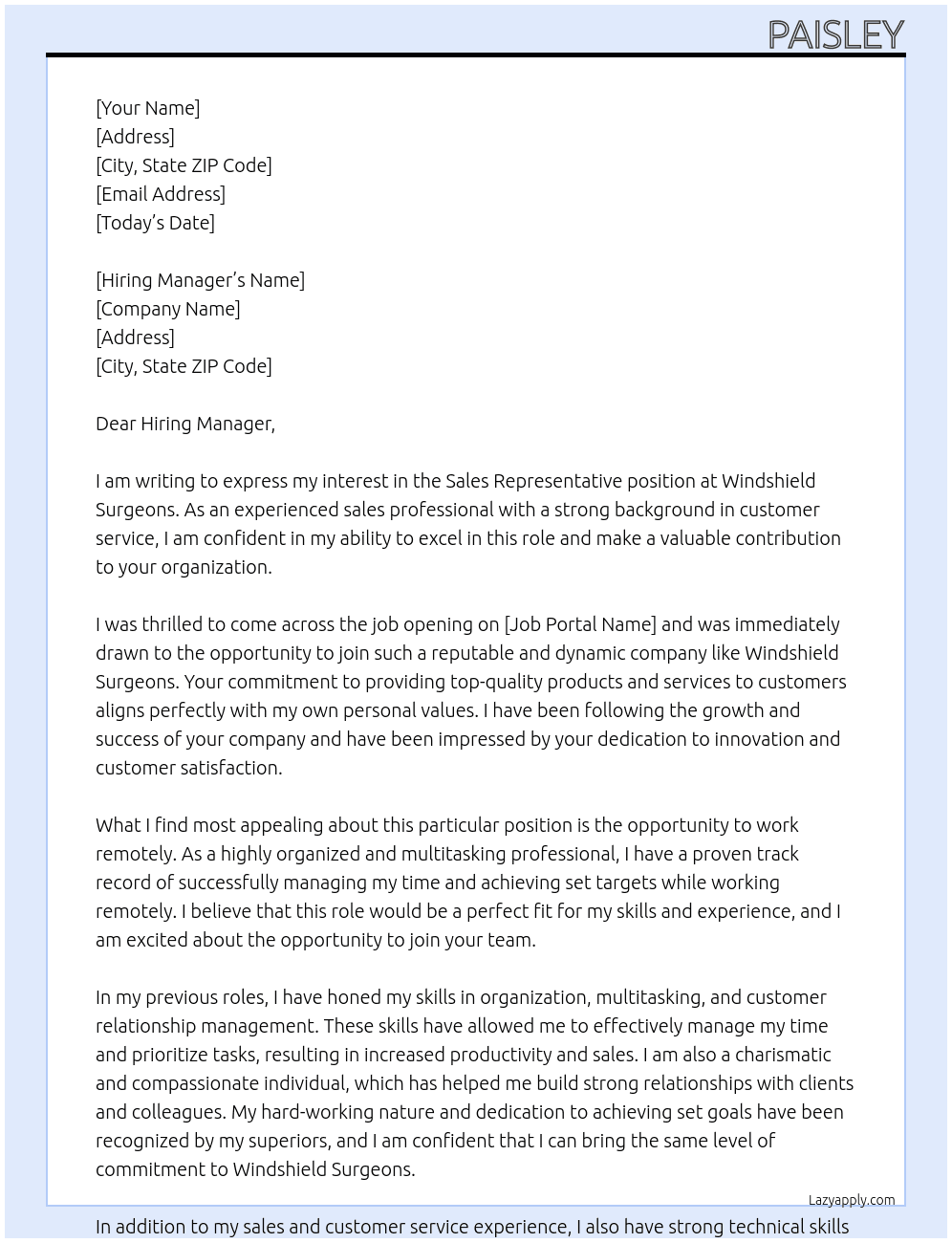 Sales Representative  At Windshield Surgeons Cover Letter