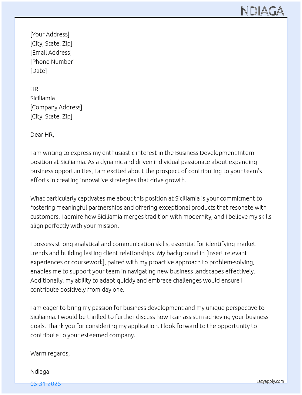 business development inter At siciliamia Cover Letter