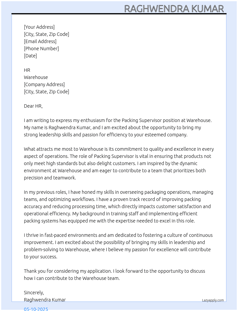 Packing supervisor  At Ware house Cover Letter
