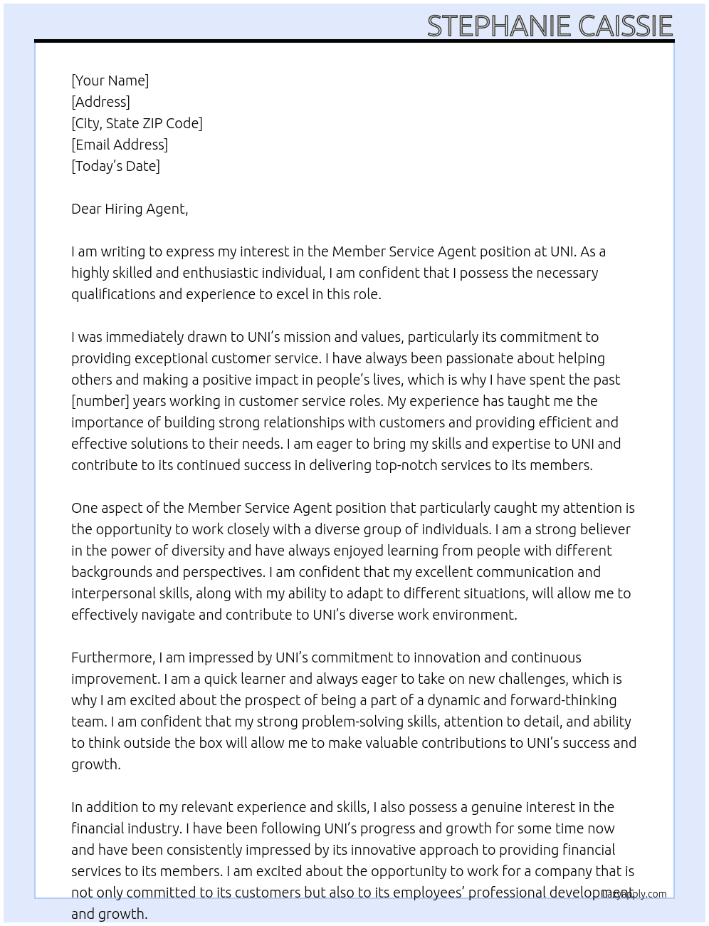 Member Service Agent At UNI  Cover Letter