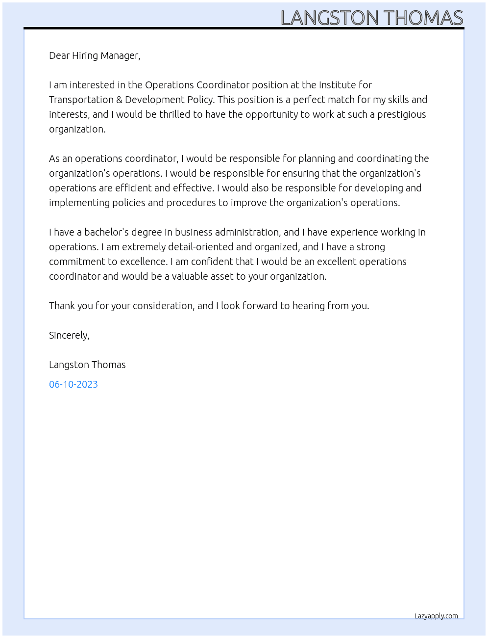 Operations Coordinator At Institute for Transportation & Development Policy Cover Letter