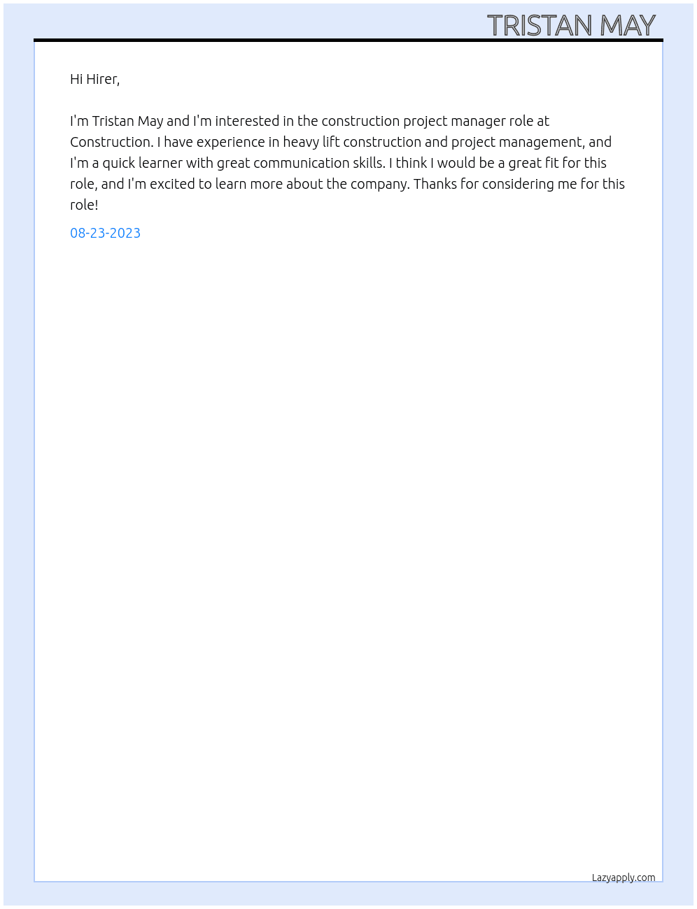 Construction project manager  At Construction  Cover Letter