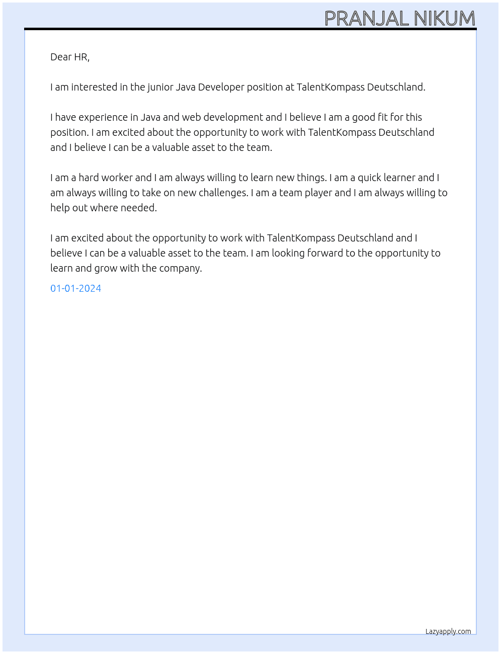 junior Java Developer At TalentKompass Deutschland Cover Letter