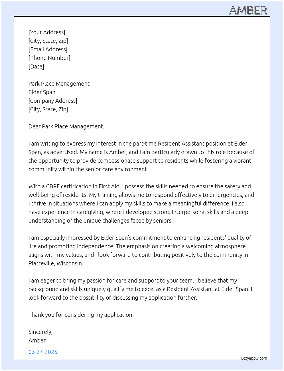 Resident assistant At Elder span Cover Letter