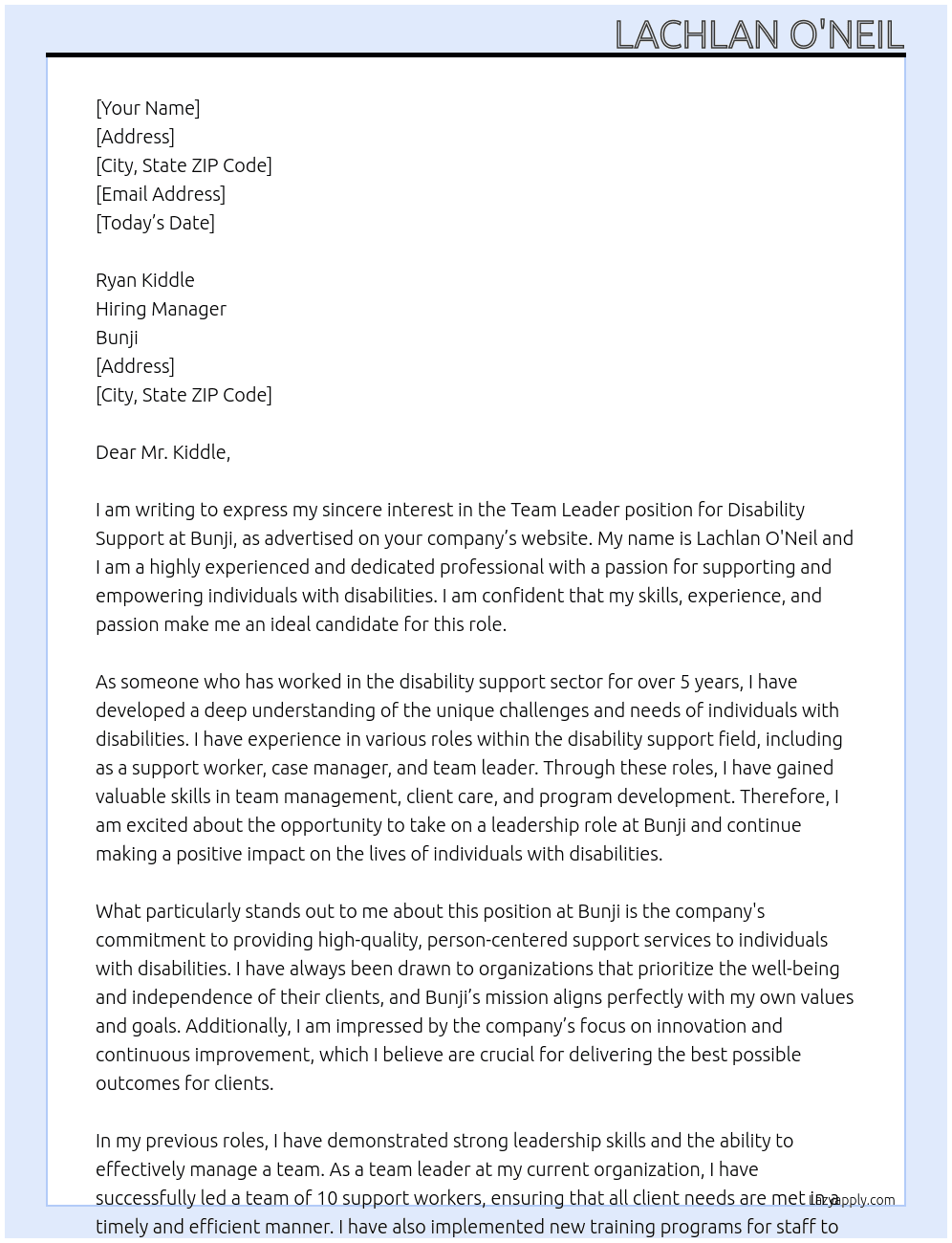 team leader, disability support At Bunji Cover Letter