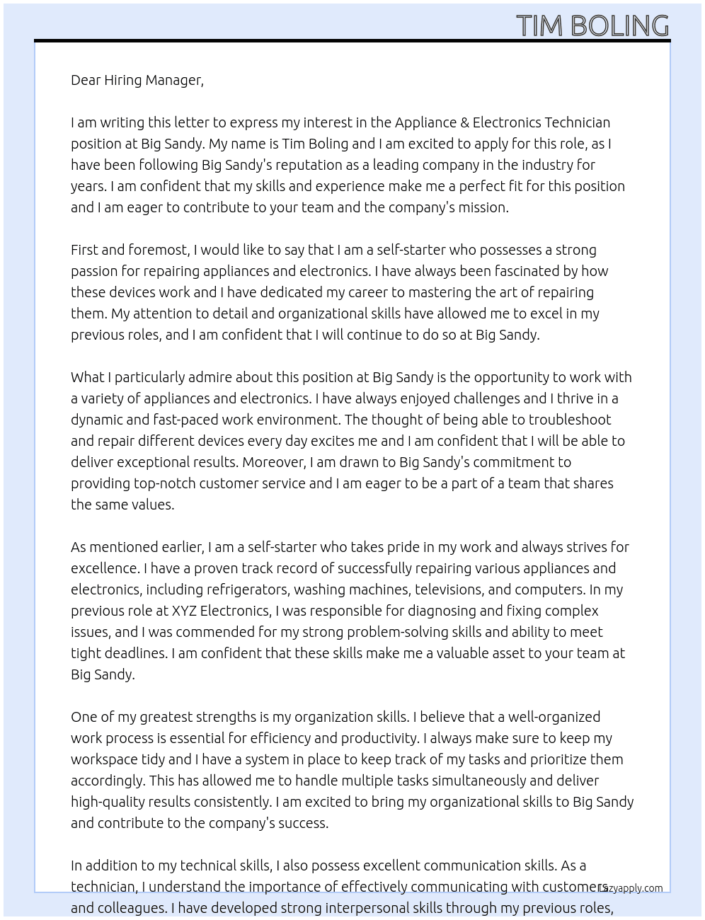 Appliance & Electronics Technician At Big Sandy Cover Letter
