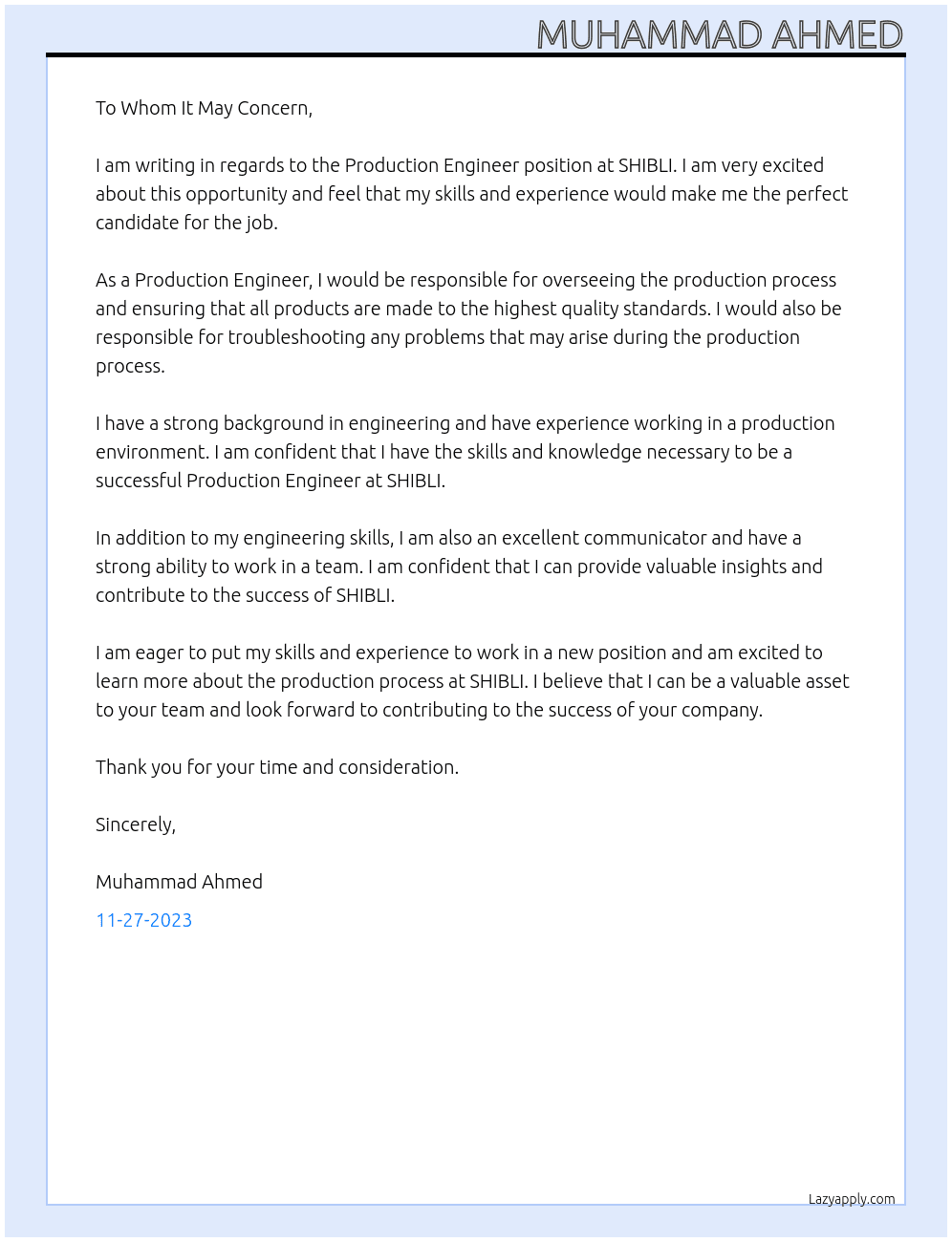 Production engineer At SHIBLI Cover Letter