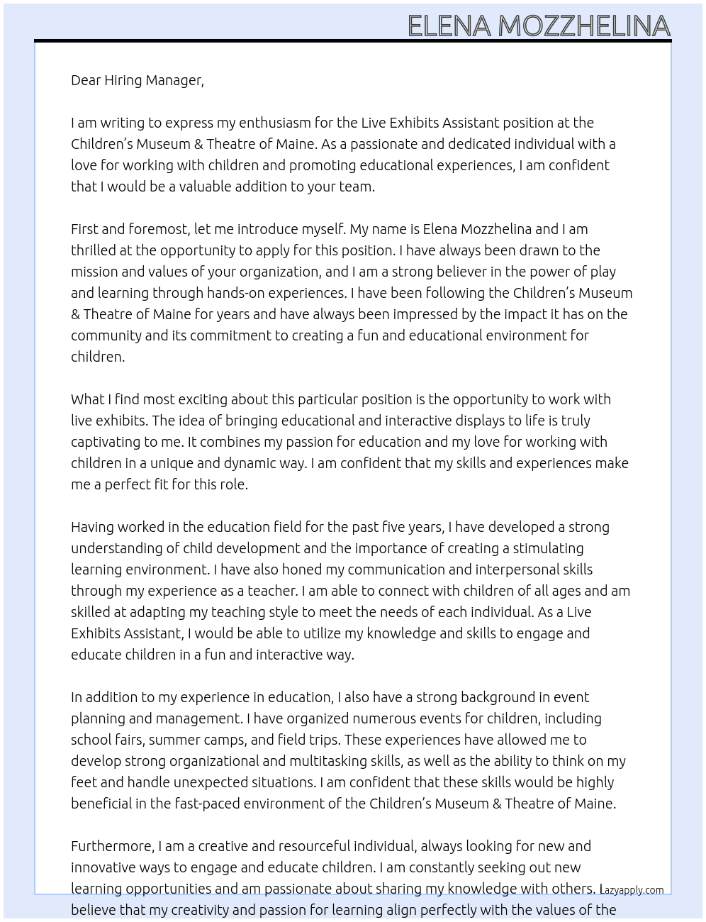 Live Exhibits Assistant At Children’s Museum & Theatre of Maine Cover Letter