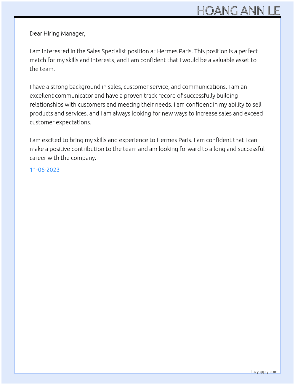 Sales specialist  At Hermes Paris Cover Letter