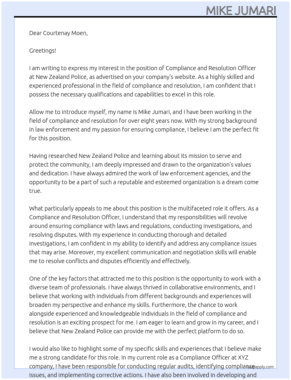 Compliance and Resolution Officer At New Zealand Police Cover Letter