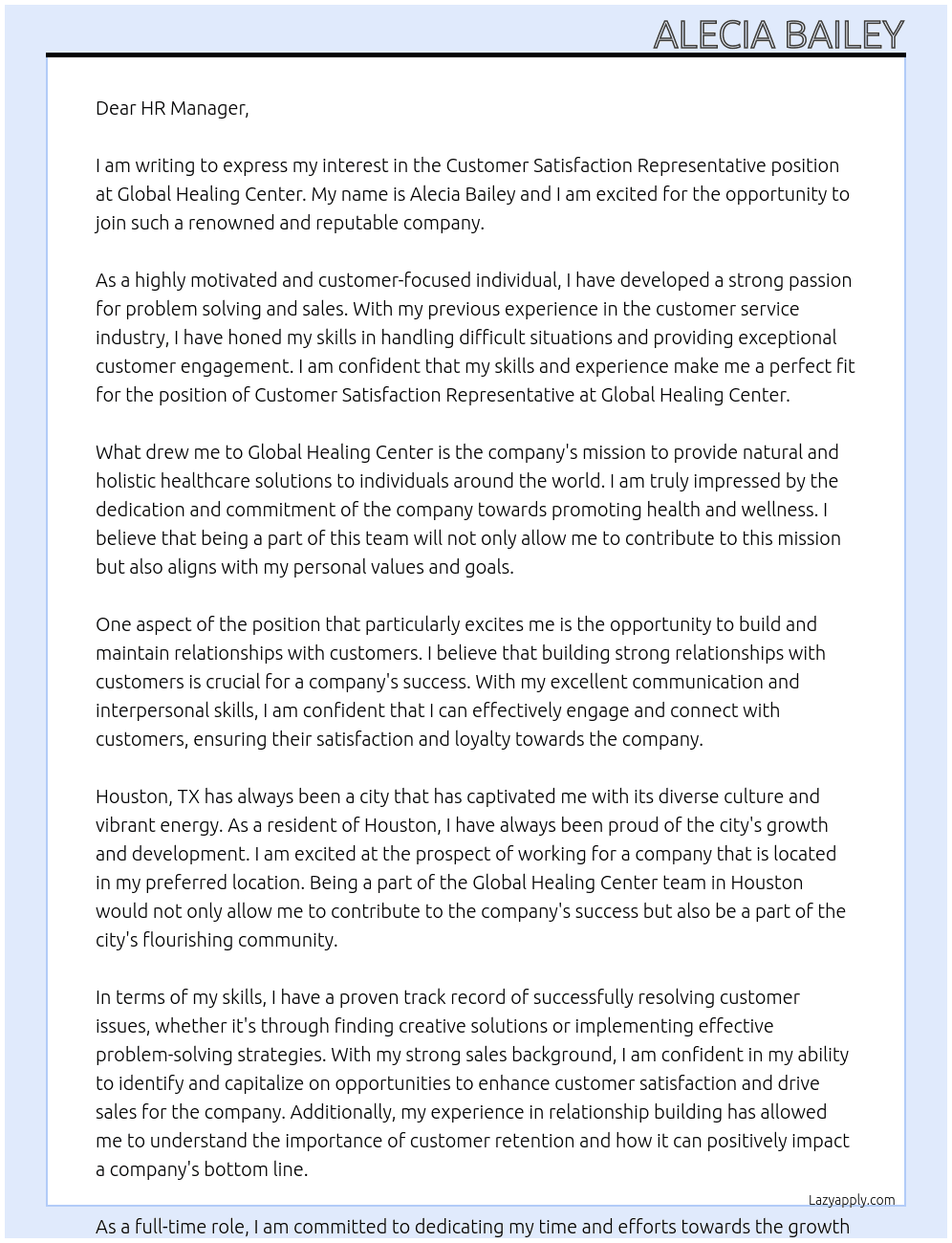 Customer Satisfaction Representative At Global healing center Cover Letter