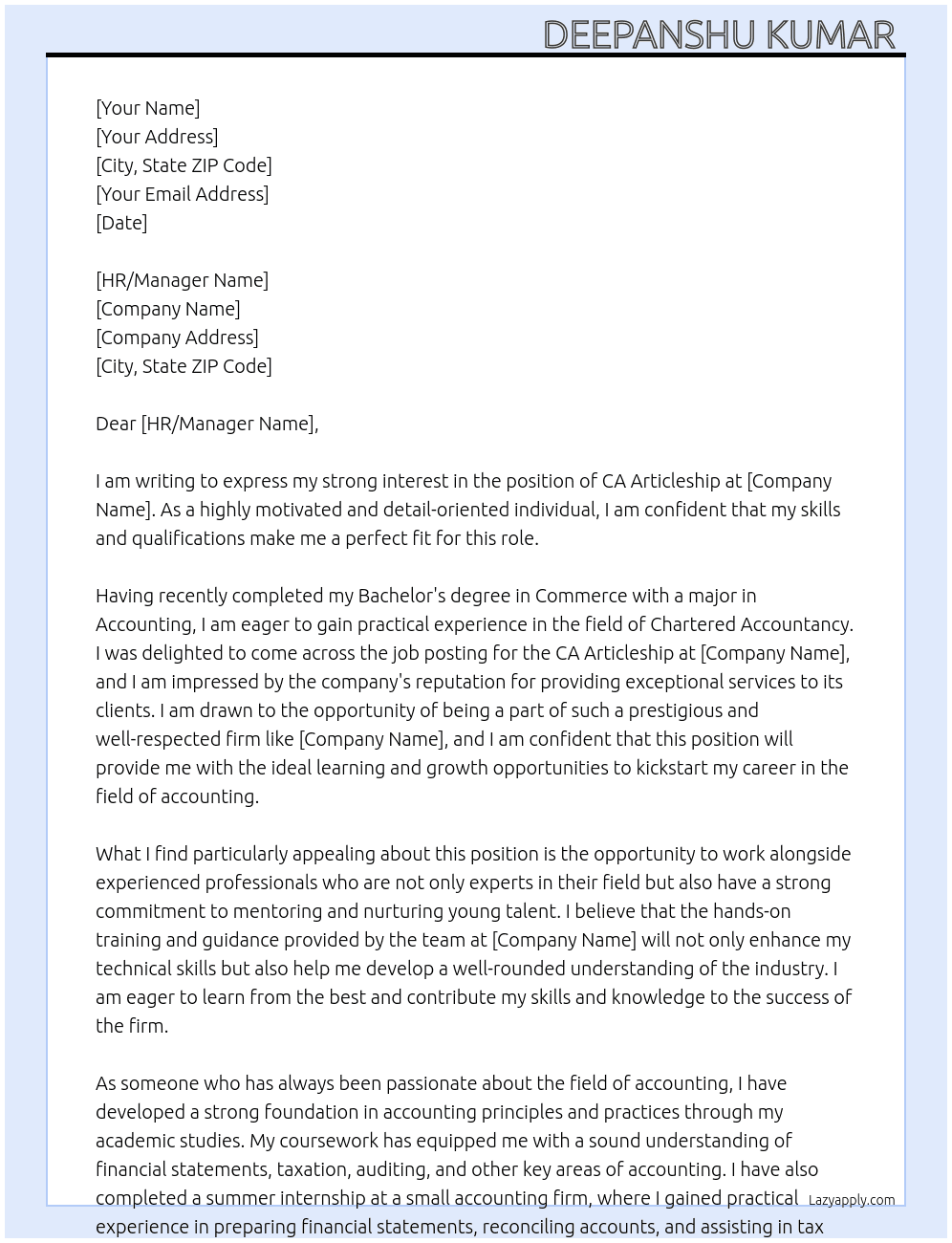 CA Articleship  At Riten Girish & co  Cover Letter