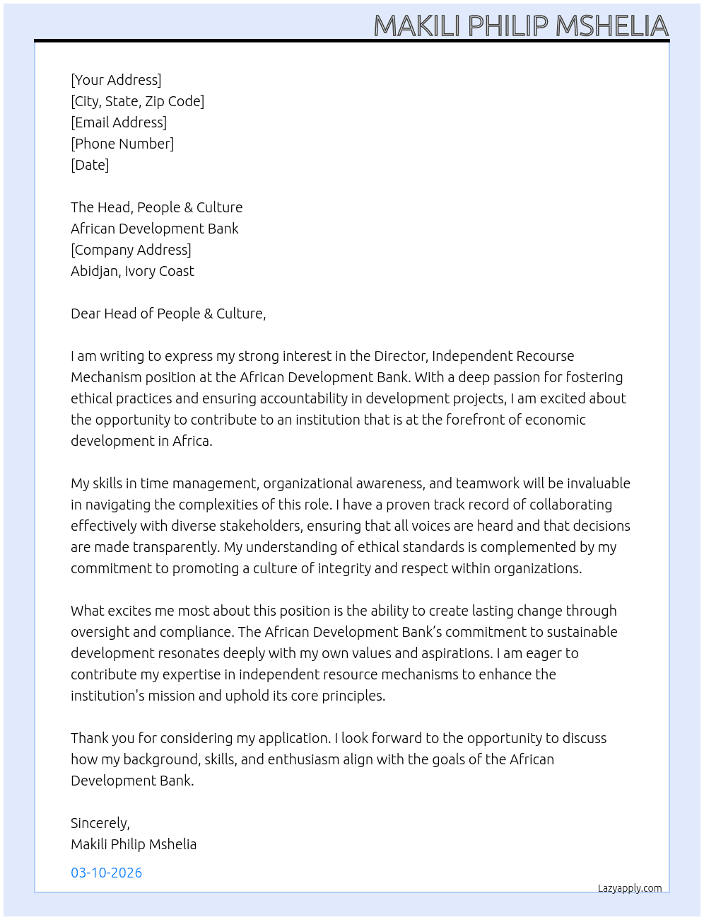 Cover letter for director, independent recourse mechanism - LazyApply