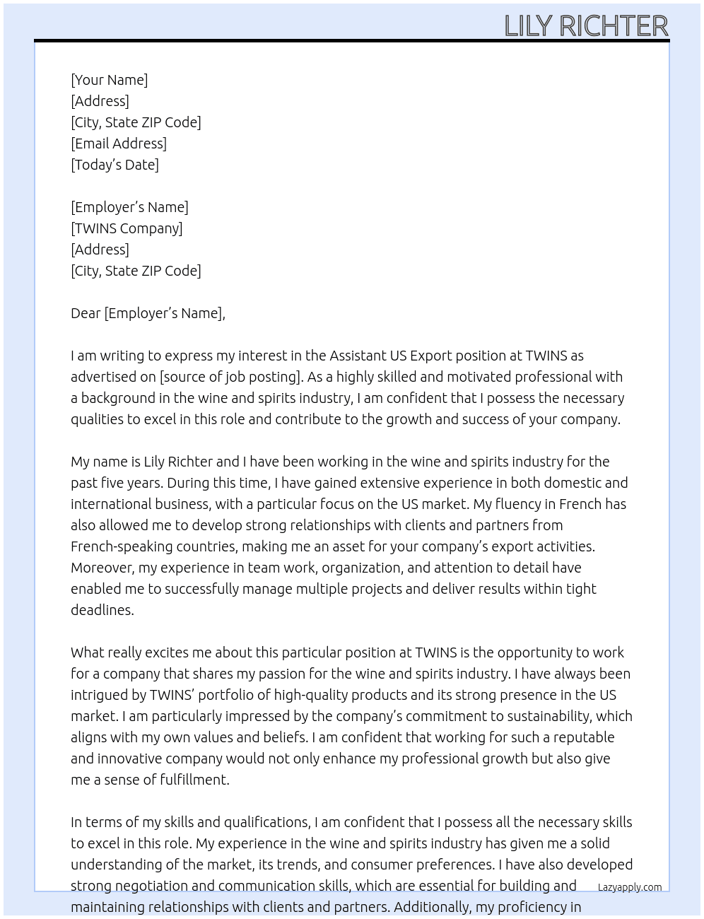 Assistant US Export  At TWINS Cover Letter