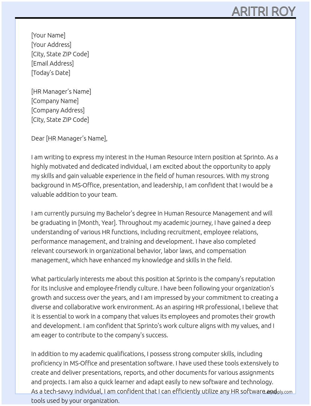 Human Resource Intern At Sprinto Cover Letter