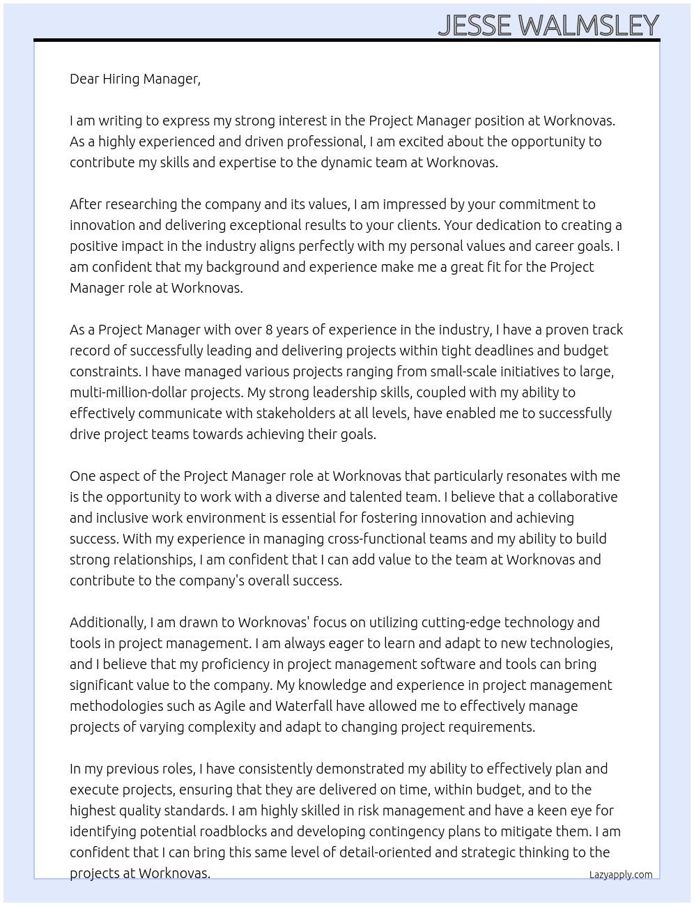 Project Manager At Worknovas Cover Letter