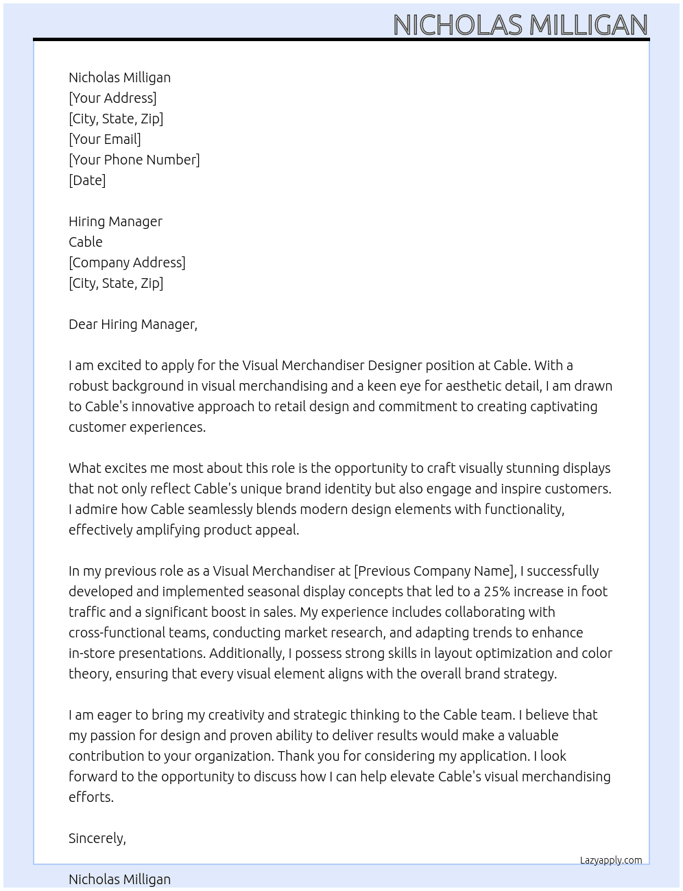 Cover letter for visual merchandiser designer - LazyApply