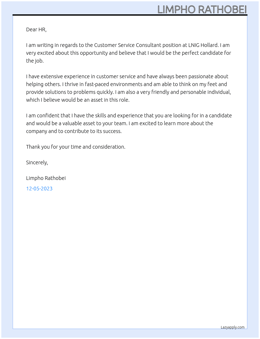 Customer service Consultant  At LNIG Hollard Cover Letter