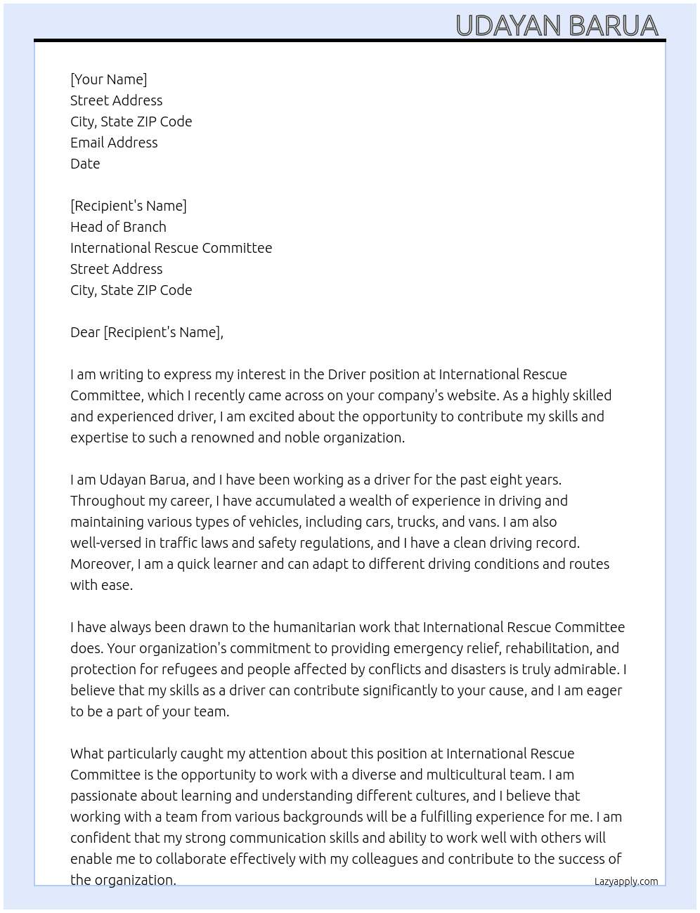 Driver  At International rescue comitee  Cover Letter