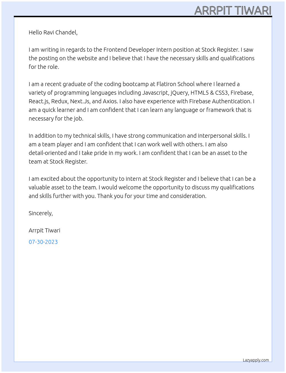 Frontend Deeveloper Intern At Stock Register Cover Letter