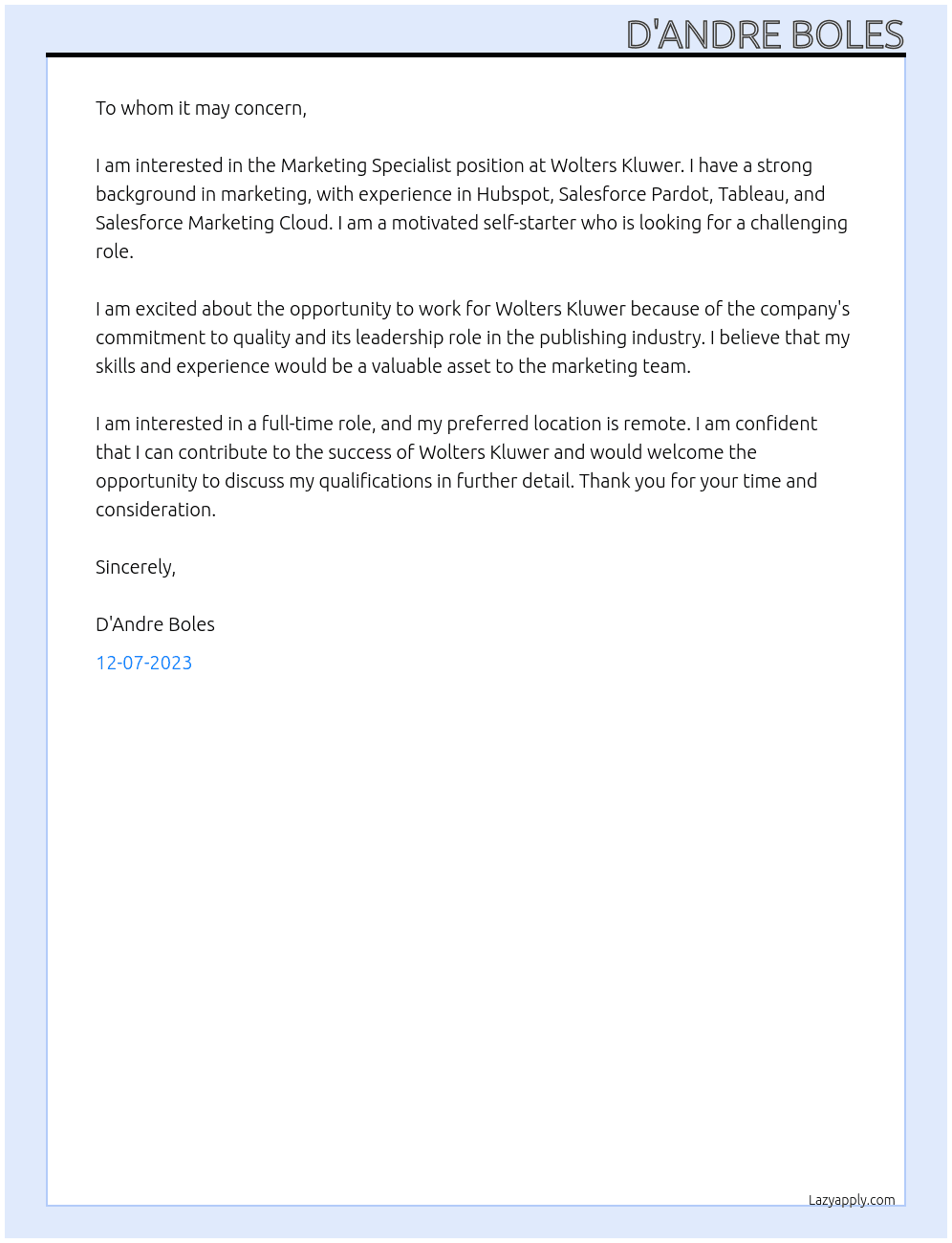 Marketing Specialist At Wolters Kluwer Cover Letter