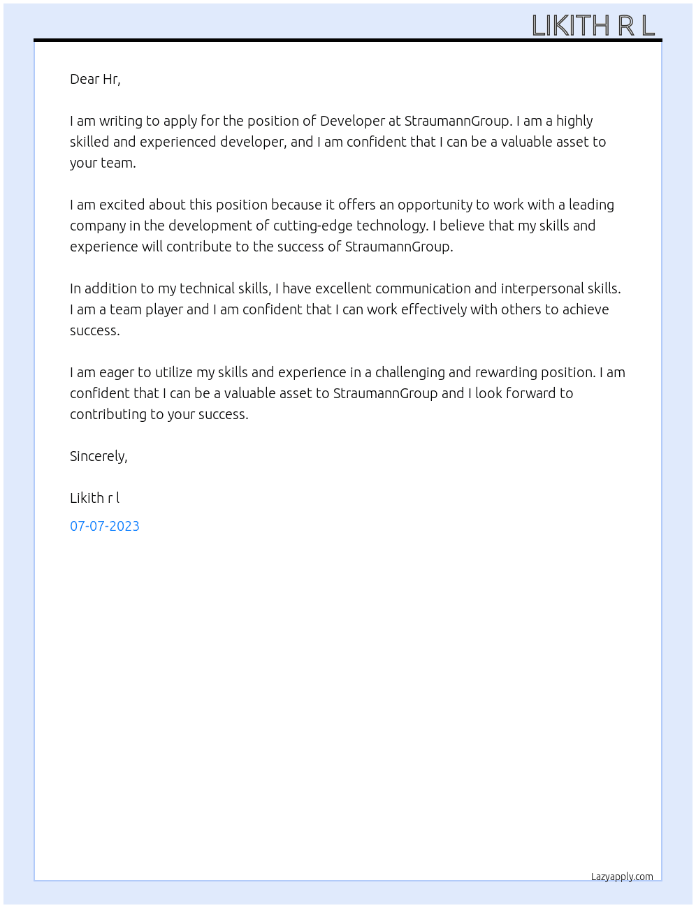 Developer At Straumanngroup Cover Letter