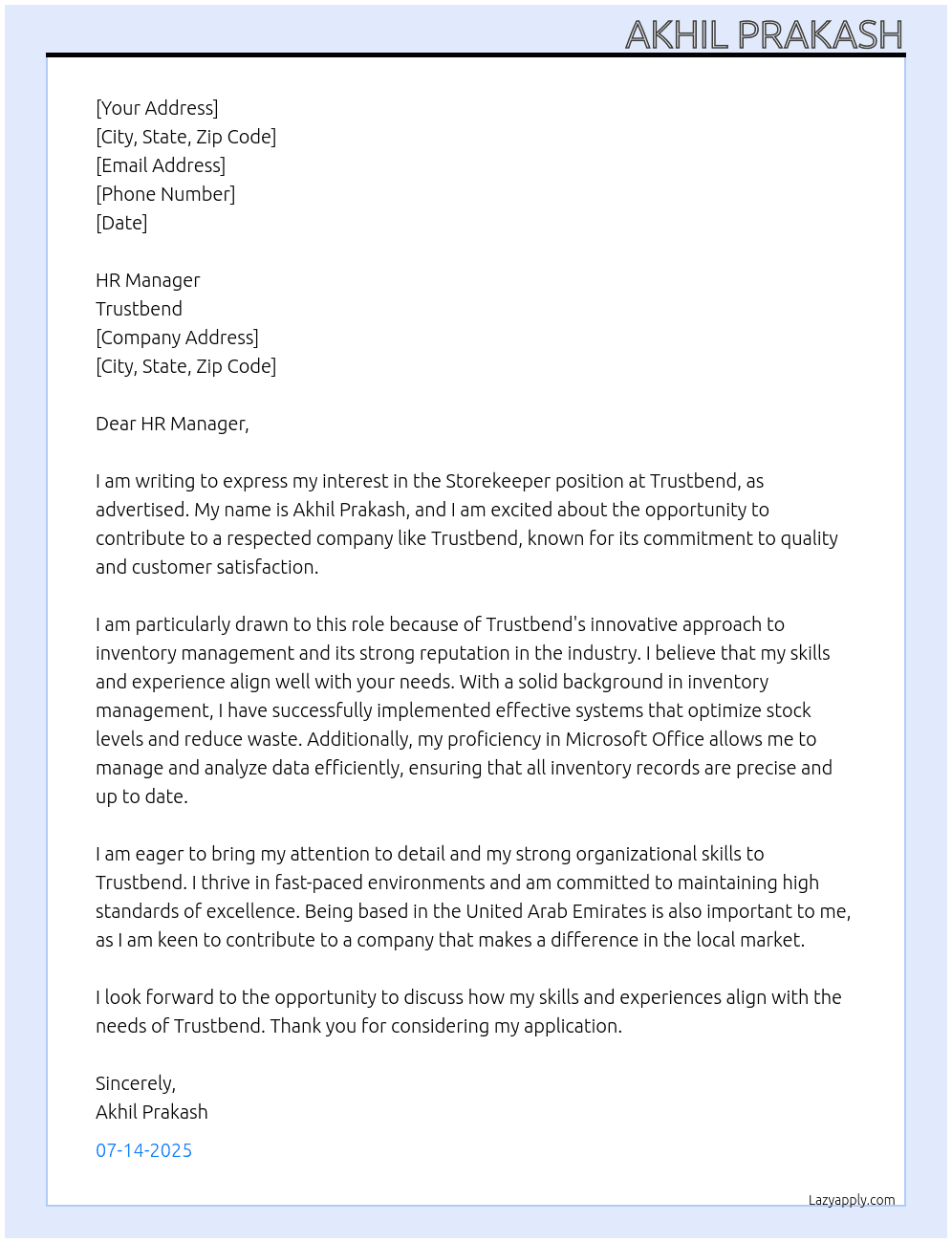 Storekeeper At Trustbend  Cover Letter