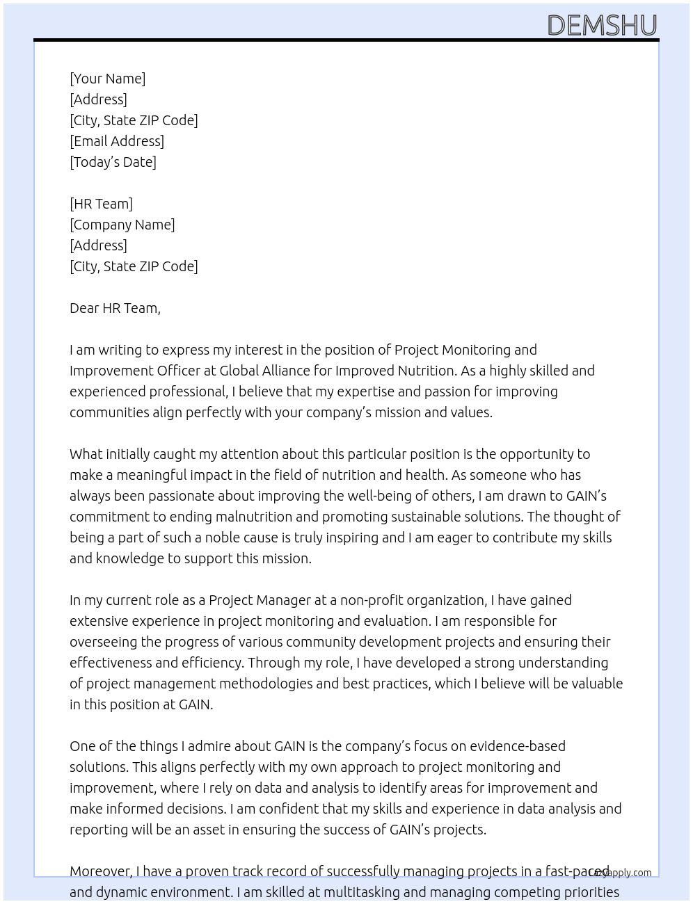 Project Monitoring and Improvement Officer At Global Alliance for Improved Nutrition Cover Letter