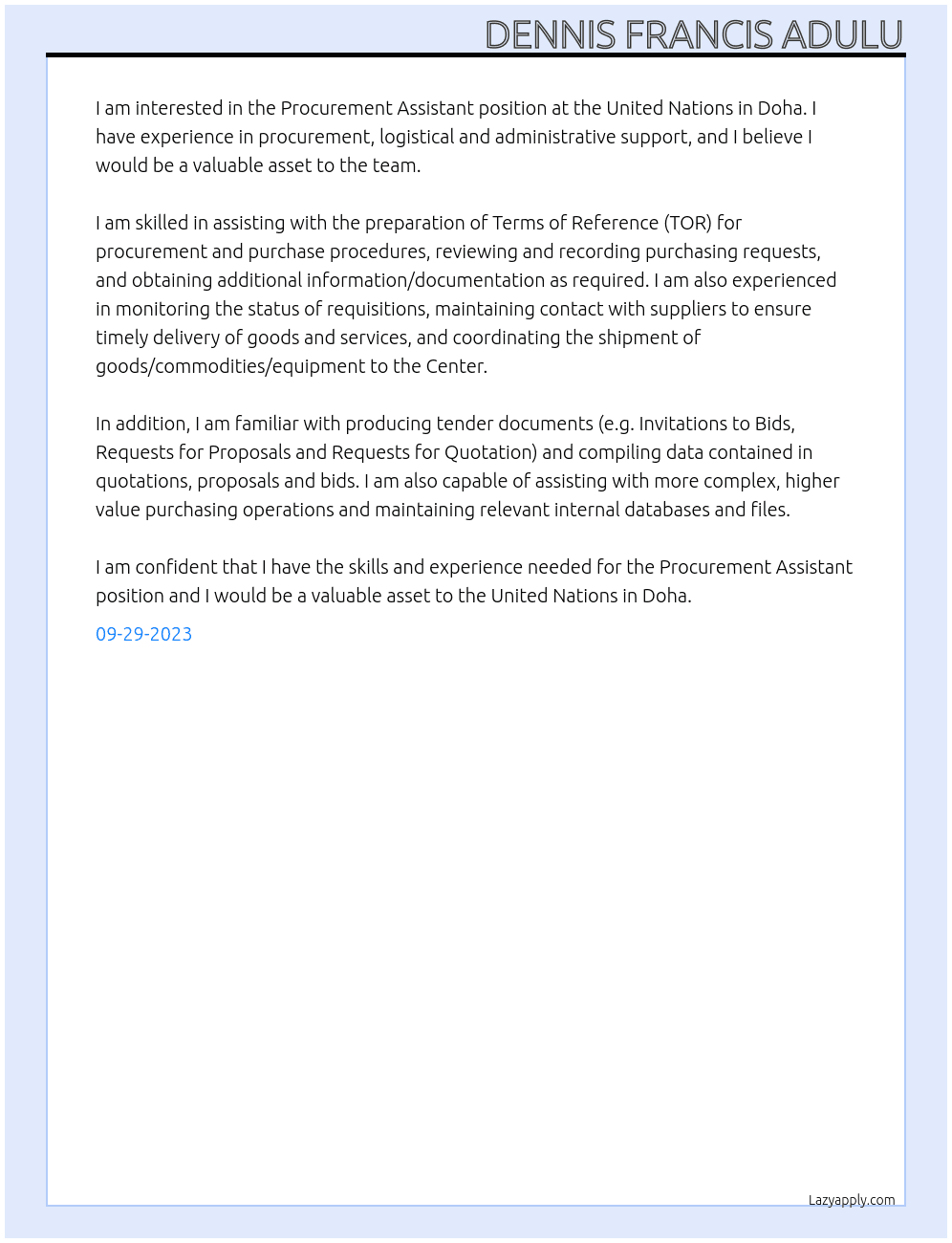 Procurement assistant At United Nations, Doha Cover Letter