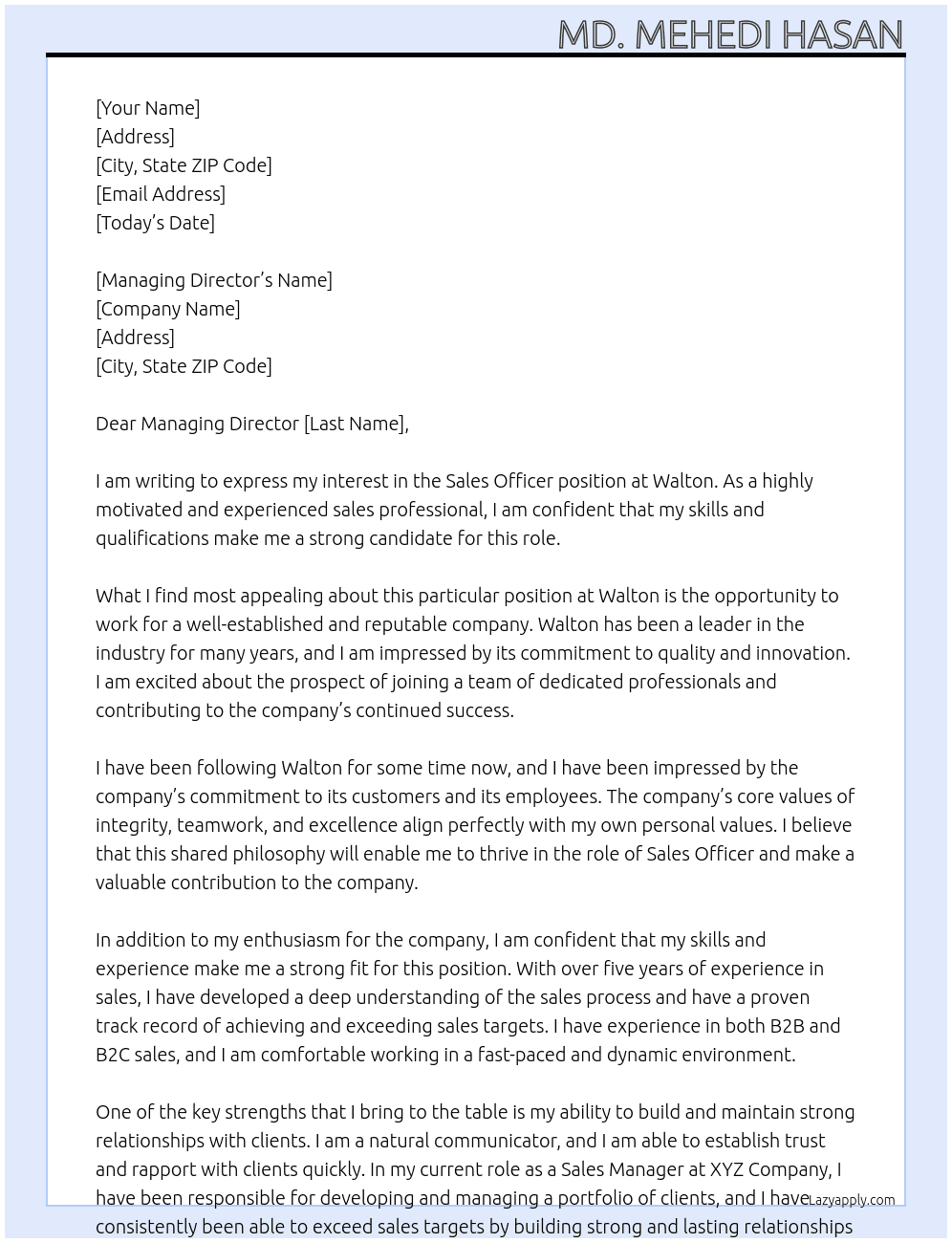 Sales Officer At Walton Cover Letter
