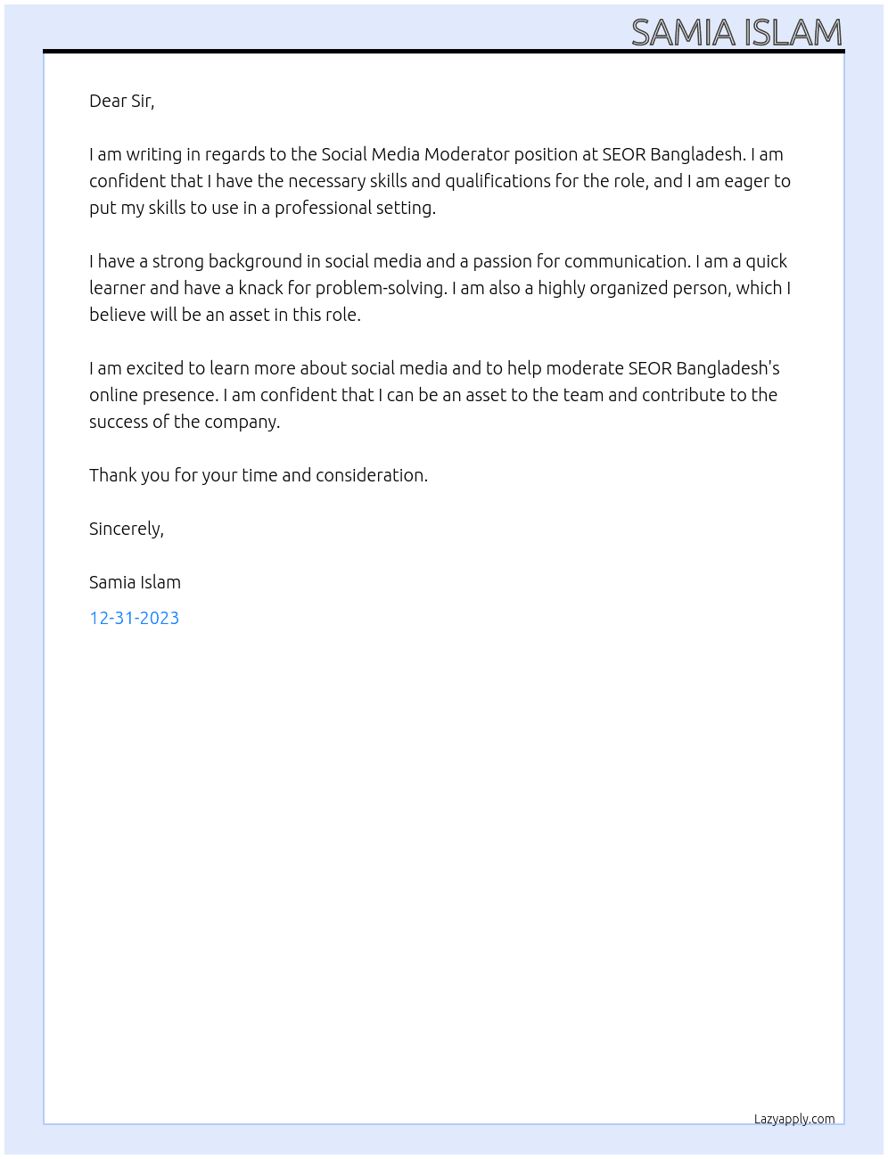 Social Media Moderator At SEOR Bangladesh Cover Letter
