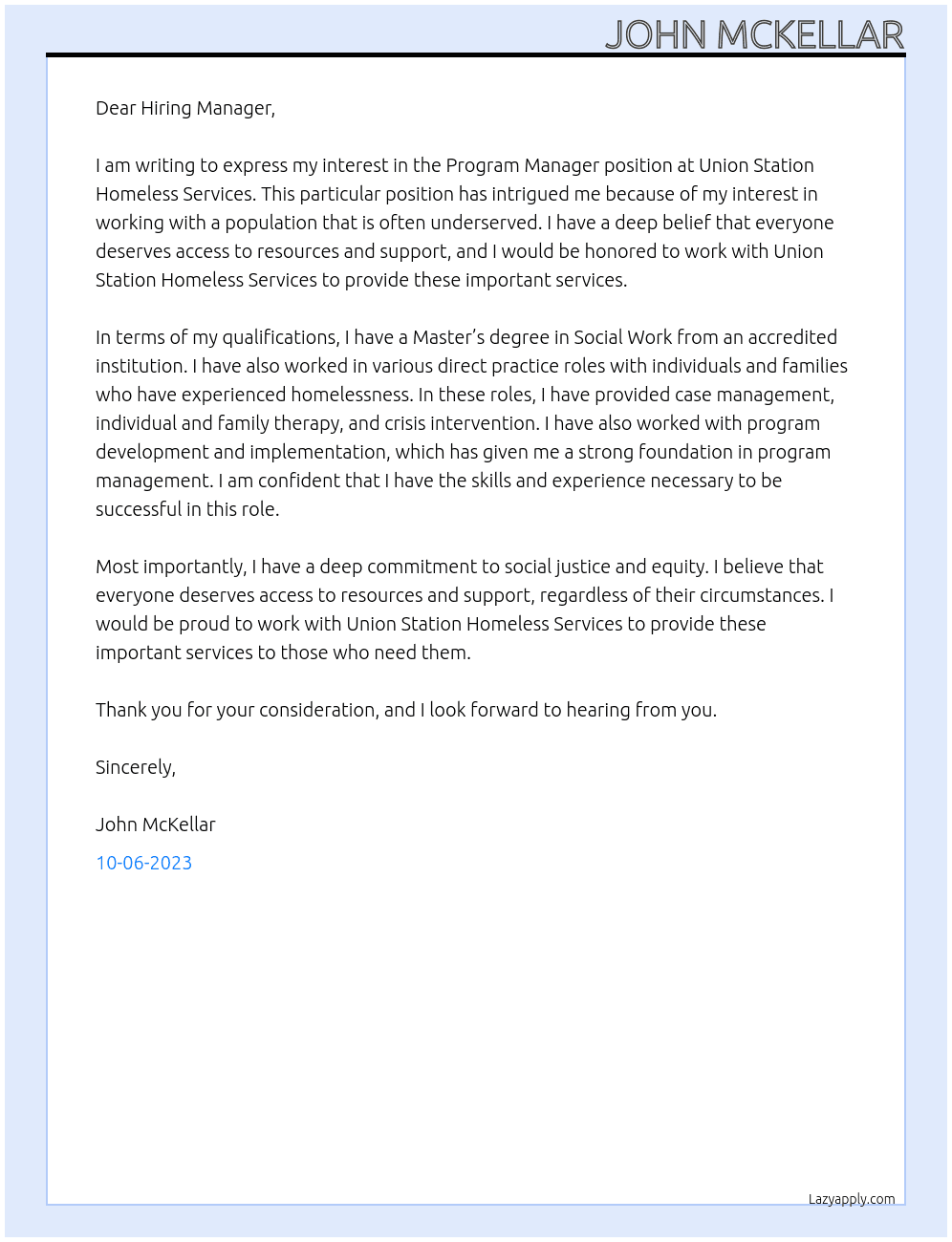 Program manager At Union Station Homeless Services Cover Letter
