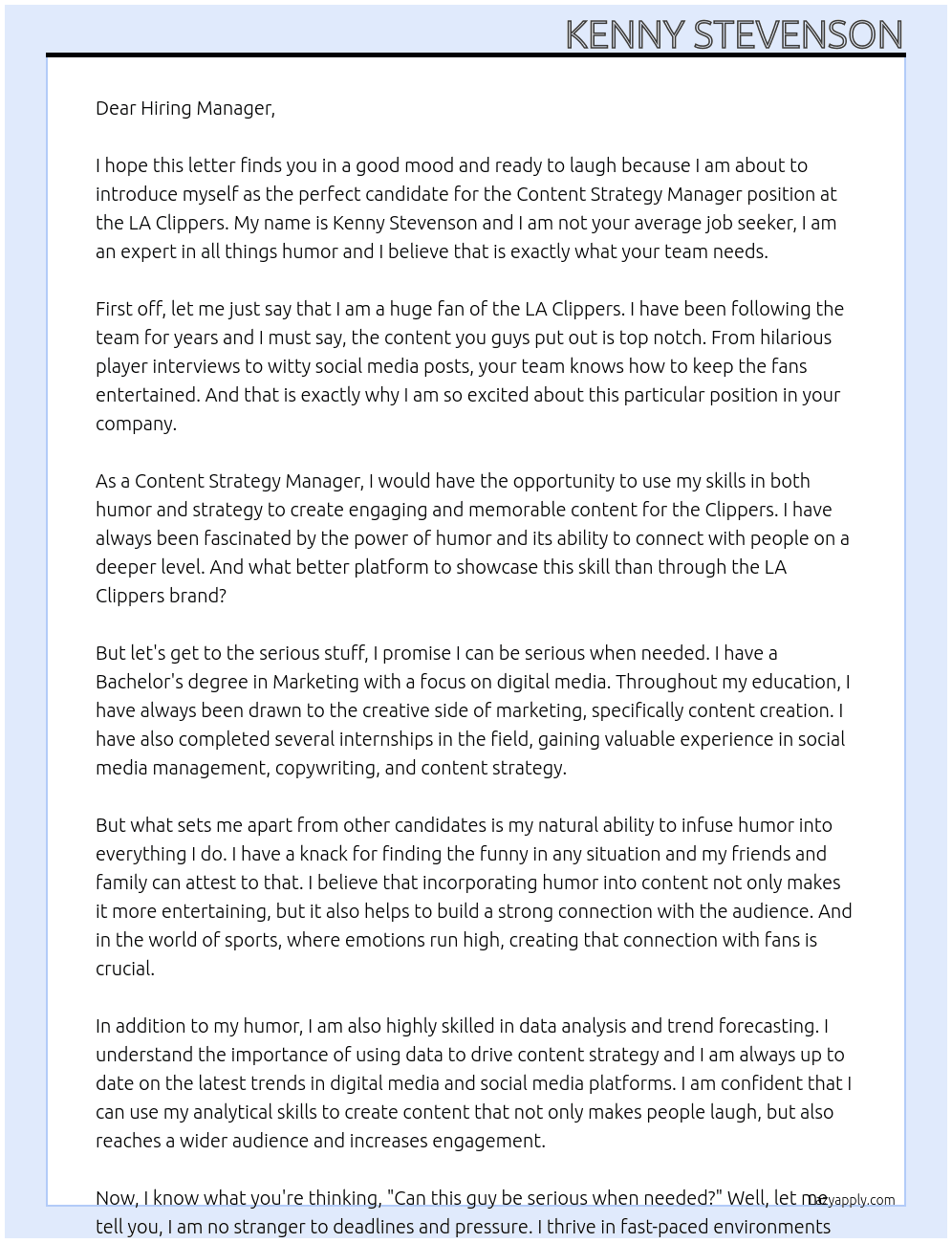 Content Strategy Manager At LA Clippers Cover Letter