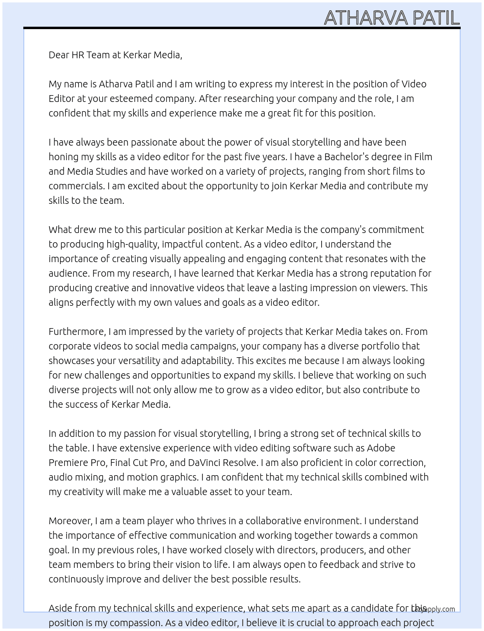 video editor At kerkar media Cover Letter