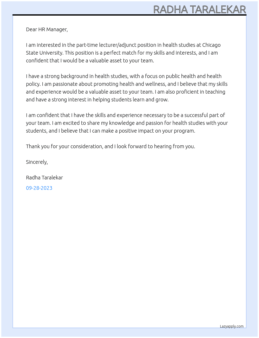 Part-Time Lecturer/Adjunct (Health Studies) At Chicago State University Cover Letter