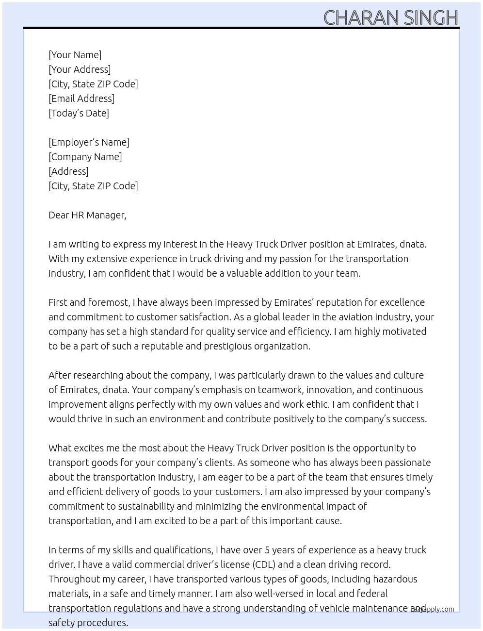 Heavy truck driver At Emirates, dnata Cover Letter