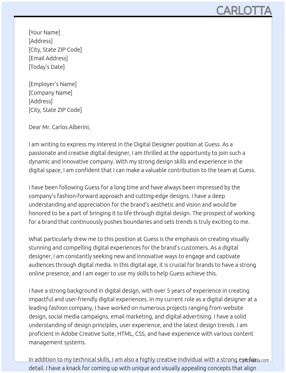 digital designer  At guess Cover Letter