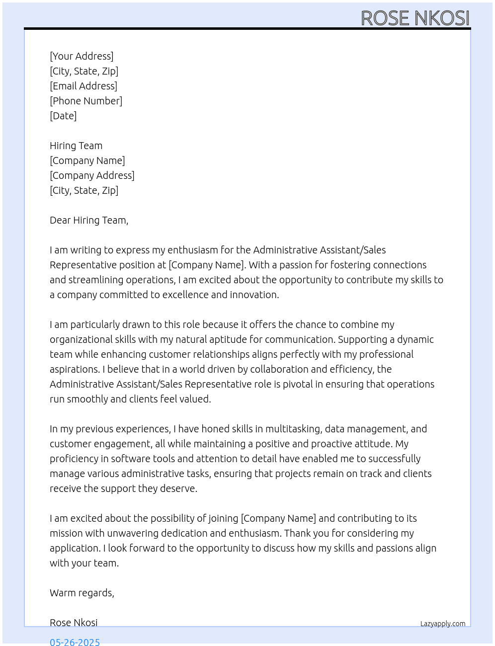 Cover letter for administrative assistantor  sales represantative - LazyApply