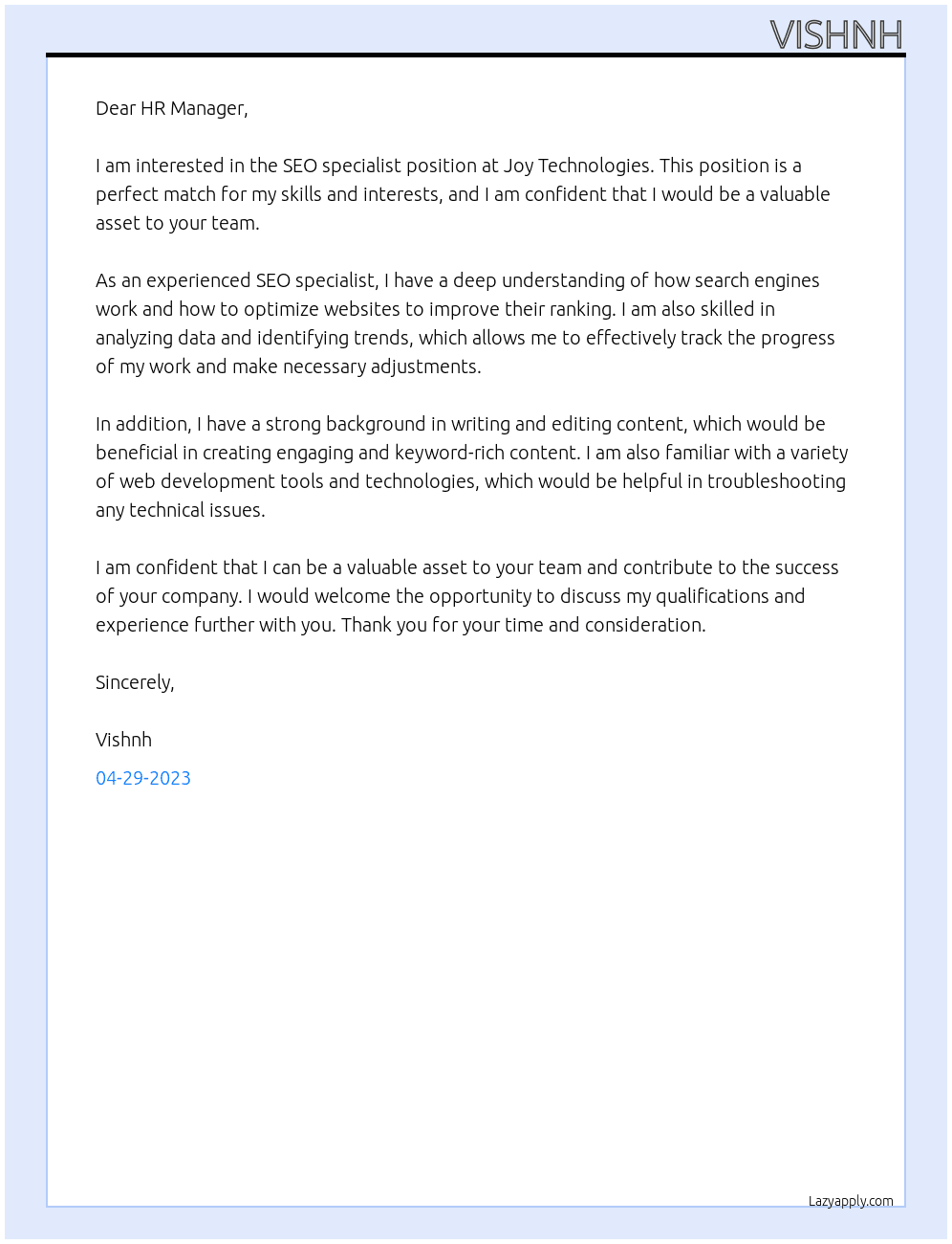 SEO specialist  At Joy technologies  Cover Letter
