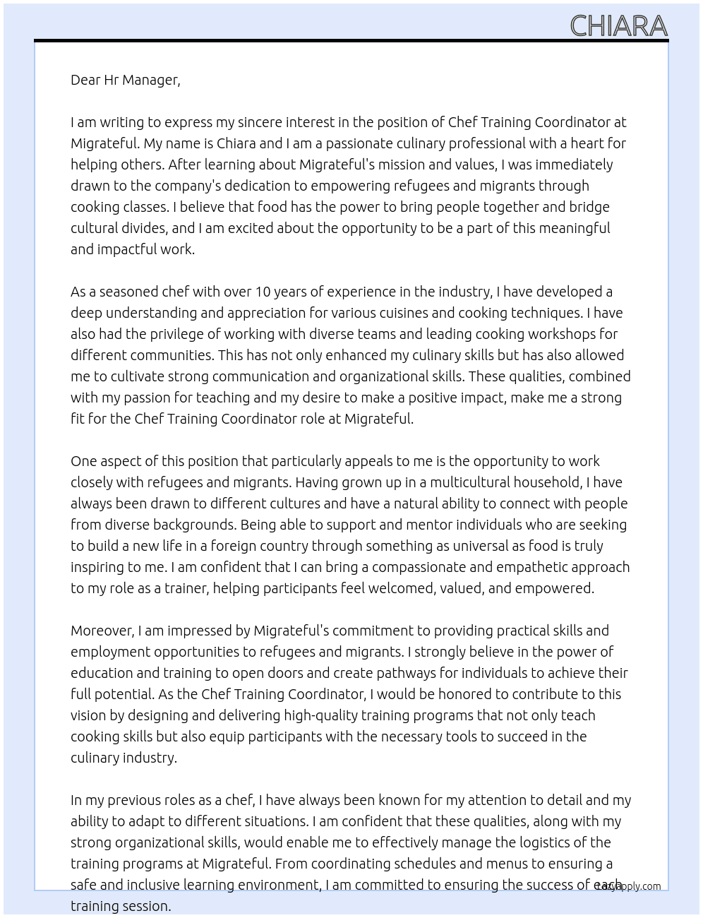 Chef training coordinator At Migrateful Cover Letter