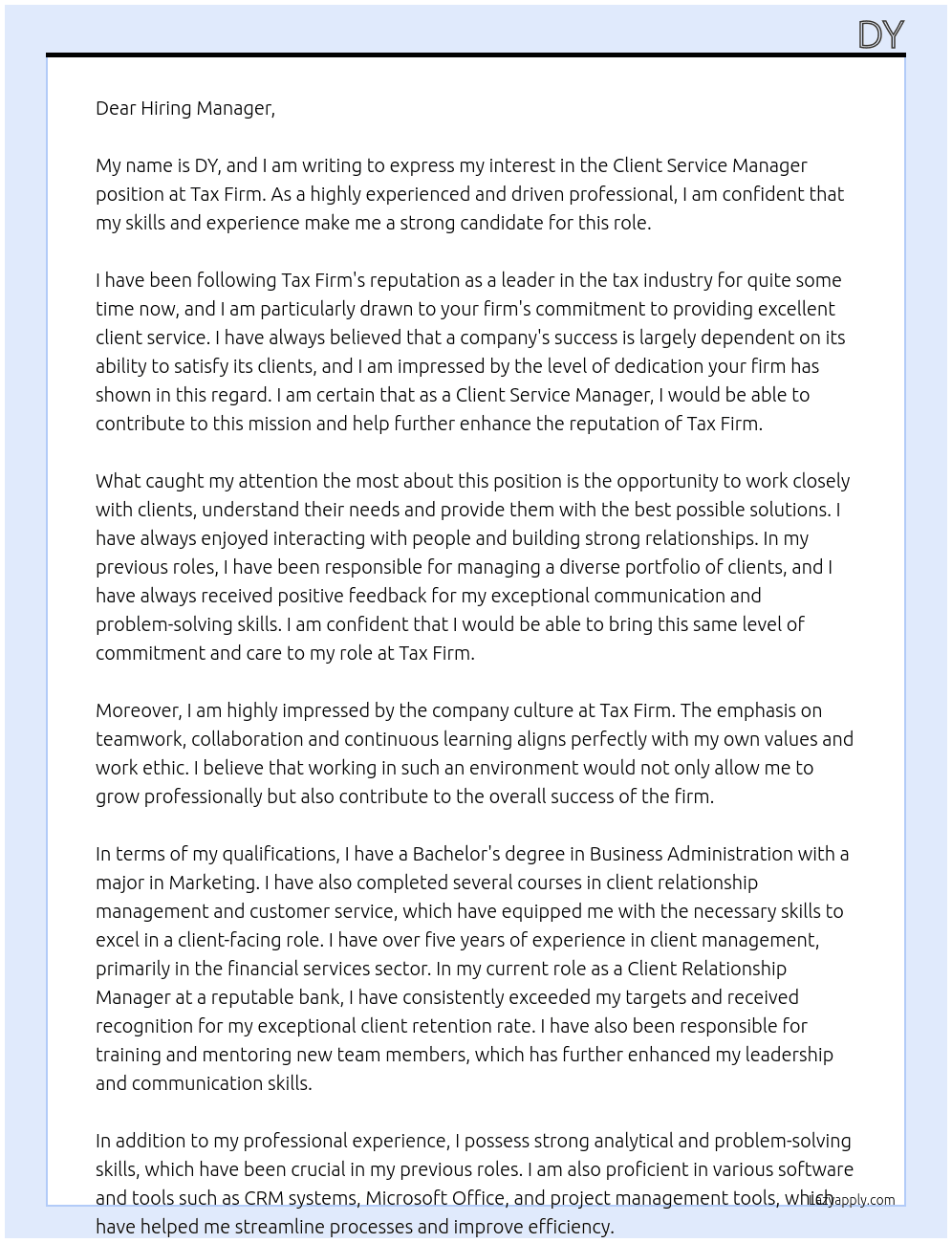 Client service manager At Tax firm Cover Letter