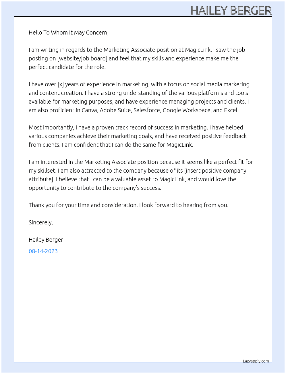 Marketing Associate At MagicLink Cover Letter