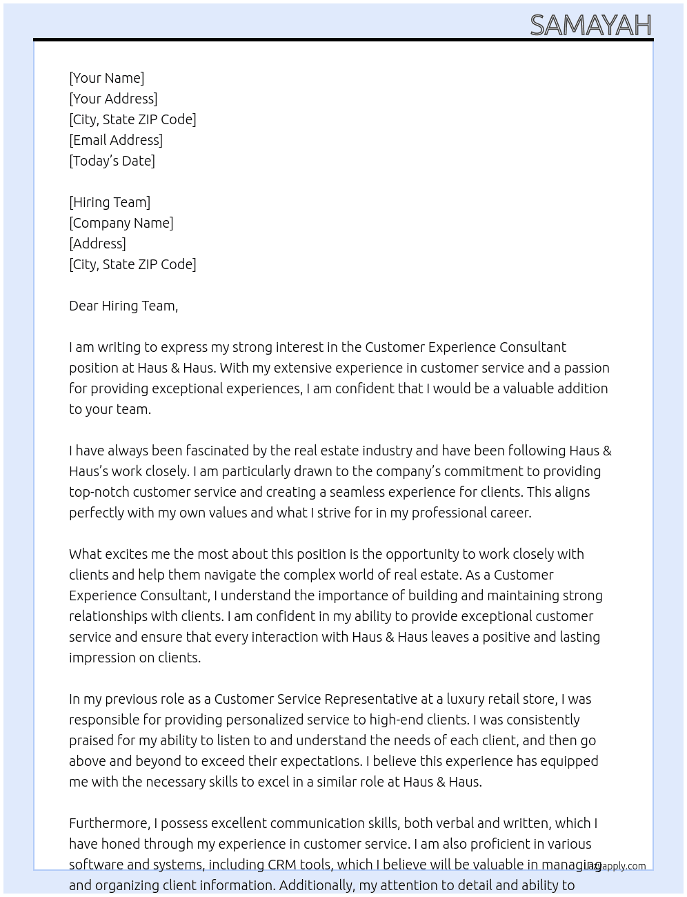 Customer experience consultant  At Haus & Haus Cover Letter