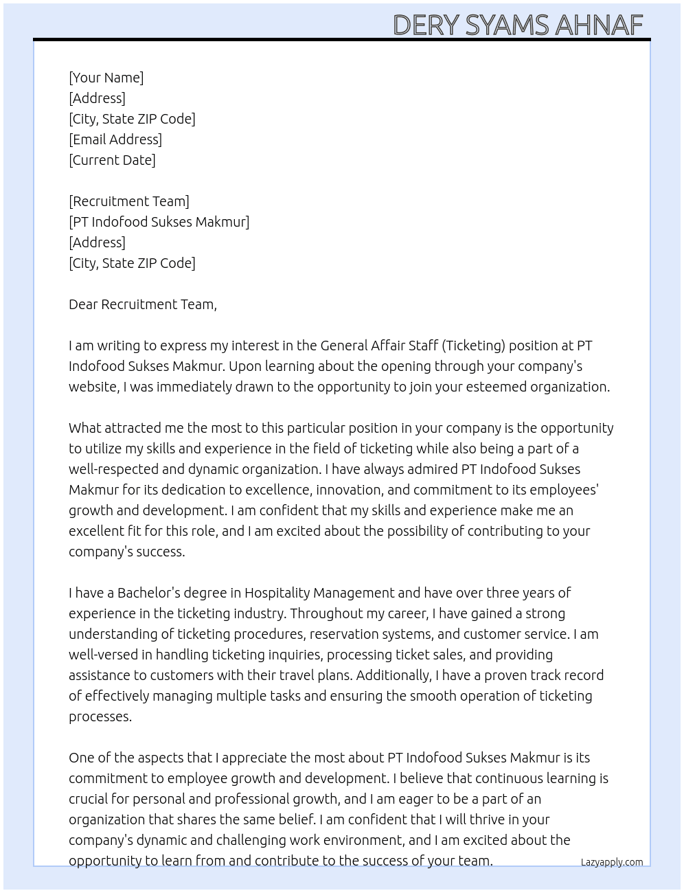 General Affair Staff (Ticketing) At PT Indofood Sukses Makmur  Cover Letter