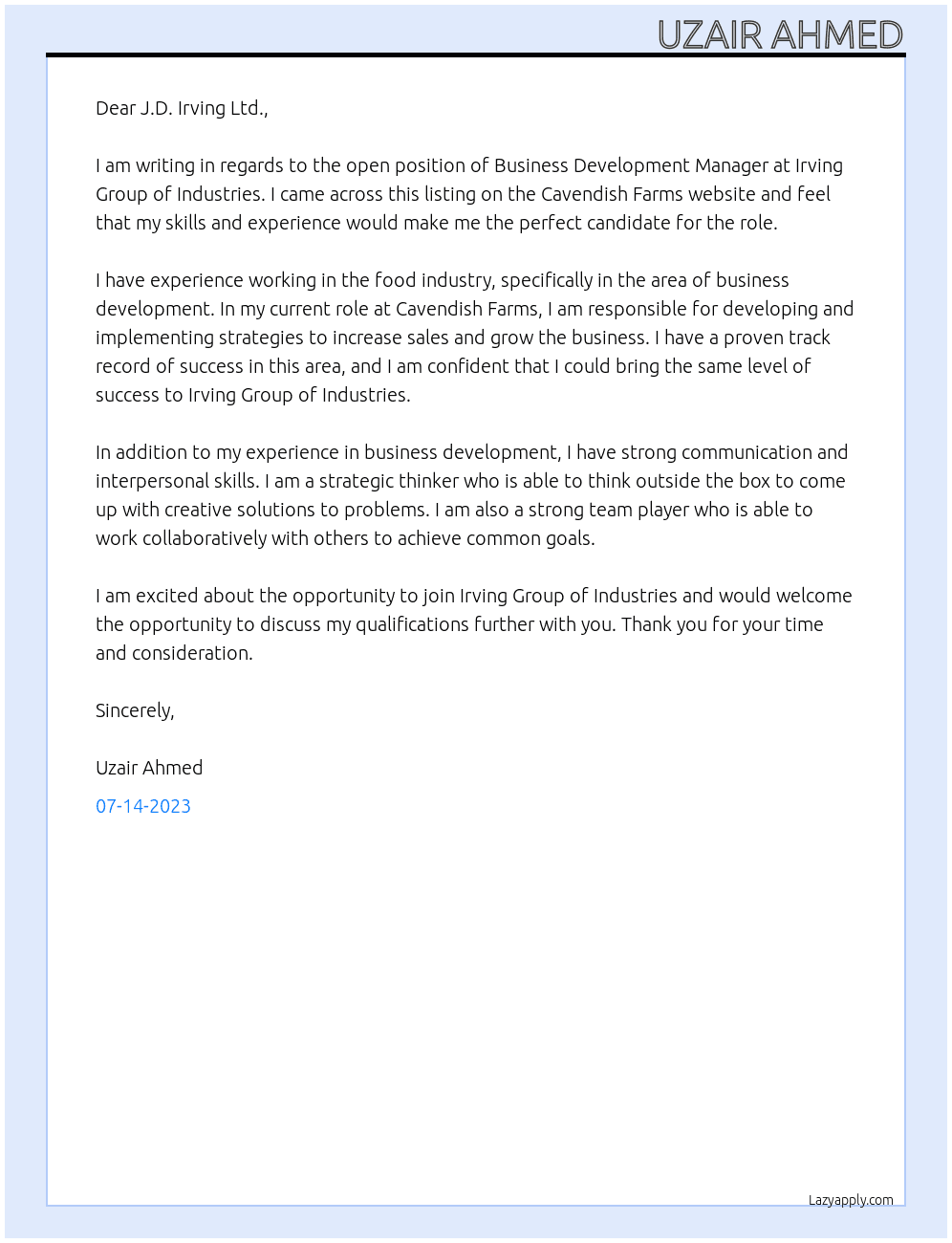Business Development Manager At Cavendish Farms Cover Letter
