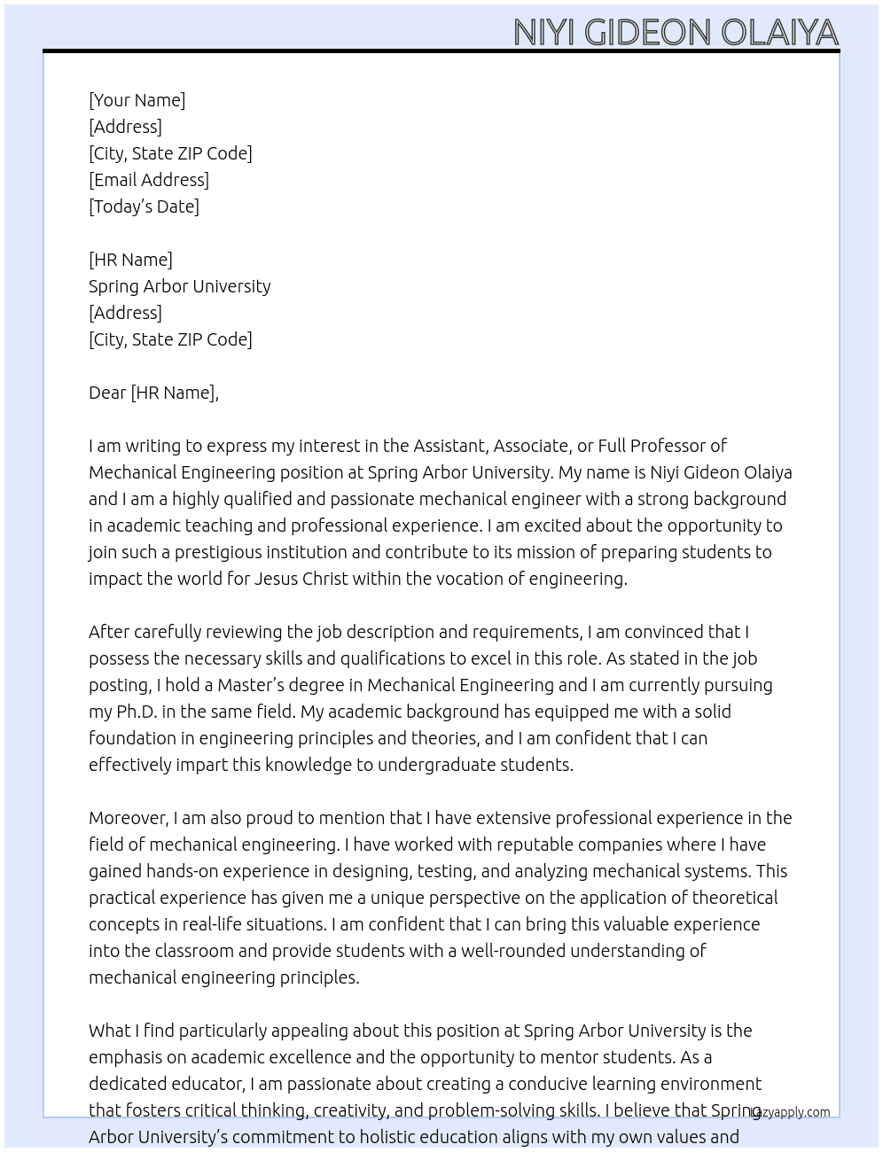 Assistant, Associate, or Full Professor of Mechanical Engineering At Spring Arbor University Cover Letter