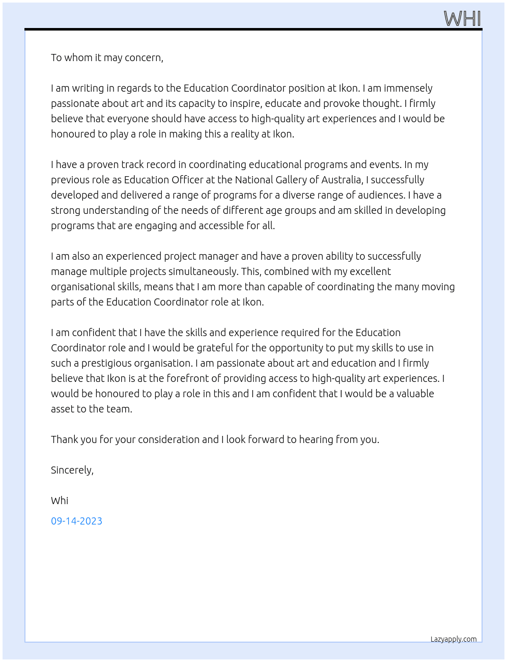 EDUCATION COORDINATOR at art gallery  At Ikon Cover Letter