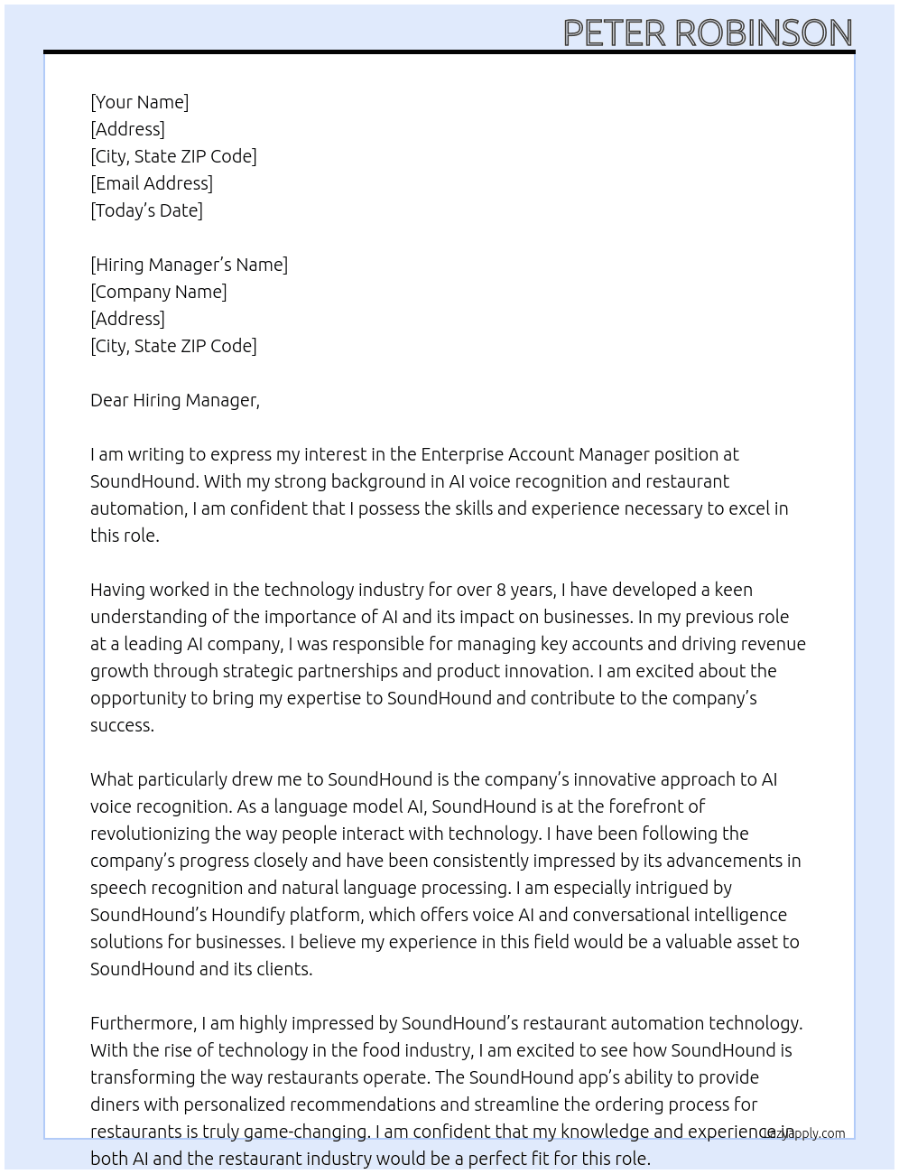 Enterprise Account Manager At SoundHound Cover Letter