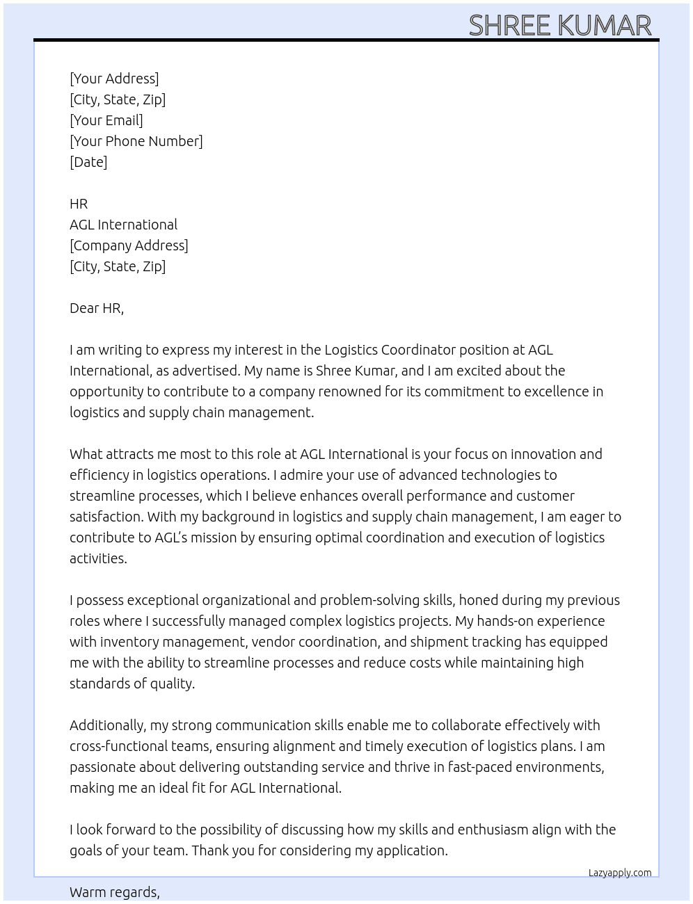 logistics coordinator  At AGL international  Cover Letter