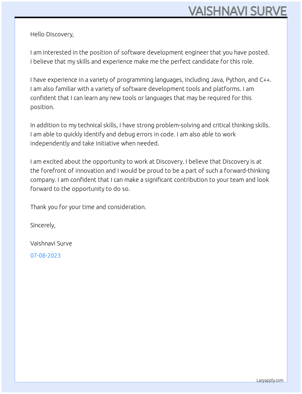 Software development engineer  At Discovery Cover Letter